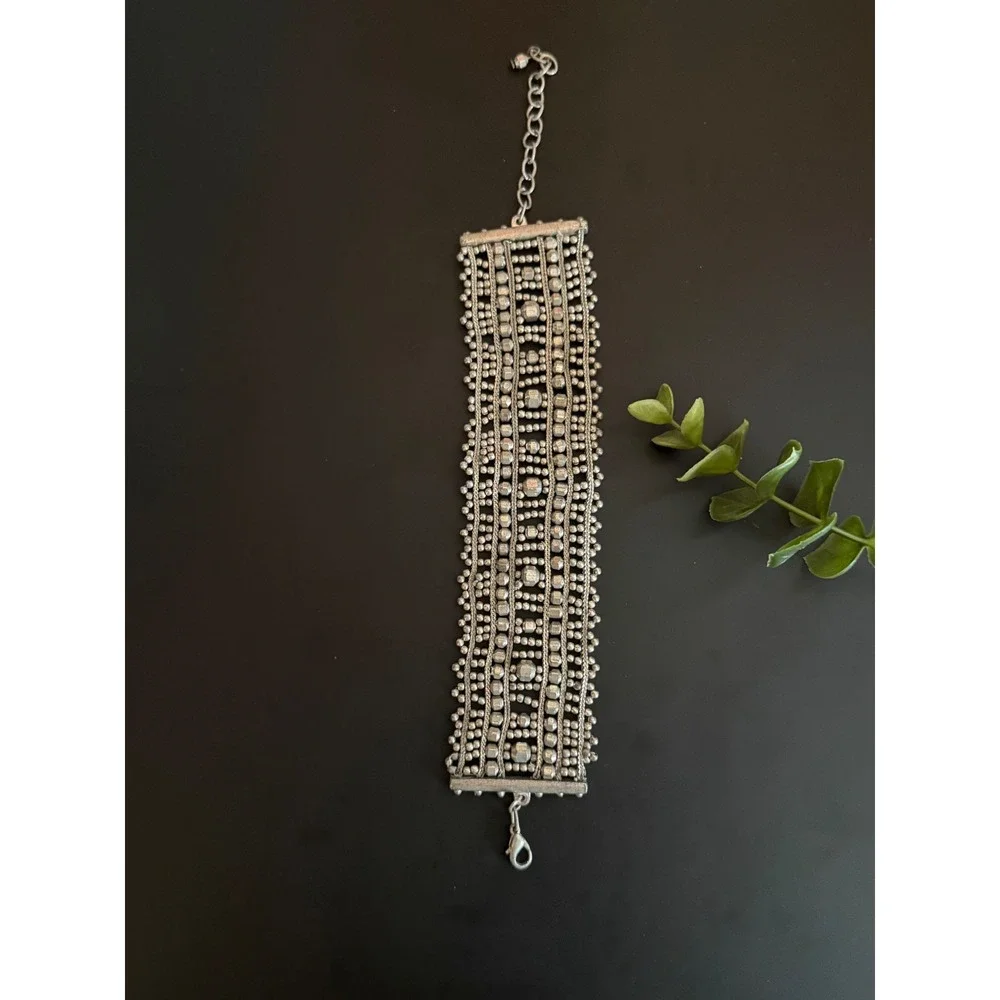 Silver Tone Multi Strand Beaded Wide Cuff Statement Bracelet Boho Tribal 9.5